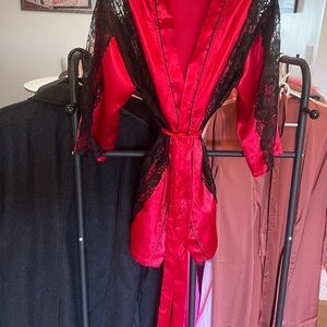 Dreamgirl Red Satin Robe with Black Lace Trim